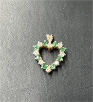 10 Kt Gold Emerald And Diamond Heart Pendant