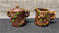 Japanese Brown Pottery Squirrel Cream & Sugar Set