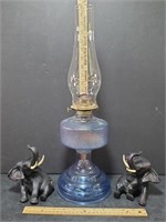Vintage Light Blue Oil Lamp And 2 Elephants