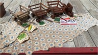 WOOD WAGONS, OLD SEED ENVELOPES, DRESSER SCARF