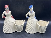 2 PC Vintage ceramic planter - woman with basket -