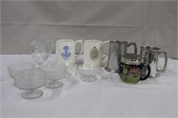 Five steins, ceramic & metal, 4.75" pitcher, two