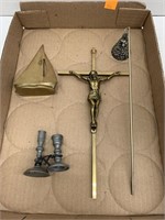 Metal Cross, Sailboat, Candle Sticks, and Candle