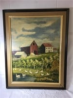 Oil on Board Painting Country Farm with Pond