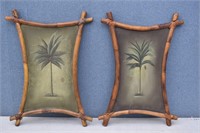 Pair Original Palm Tree Paintings w Bamboo Frames