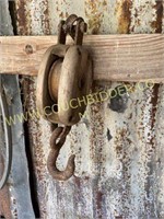 antique wood single pulley