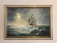 Oil On Canvas - Ship At Sea- Signed