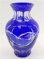 Stunning cobalt blue cut to clear vase, 11" tall x