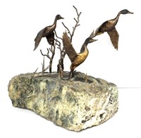Duck Bronze Figures in Stone Base