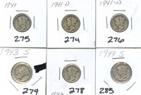 6 Mercury Silver Dimes - 1941, (2) 1941-D, 1942,