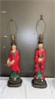 Pair of  Antique Asian Chalkware lamps 31" tall