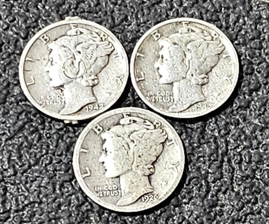 3 -.9 Silver Mercury Dimes 1926 P, 1942 D, 1945 P
