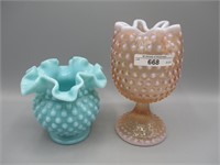 2 Fenton Hobnail-5" teal vase & pink opal goblet