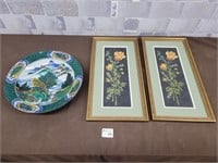 Two wall art with gold frames & heavy decor plate