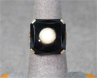 Art Deco 14K Gold Onyx & Pearl Ring