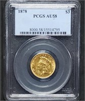 1878 $3 Gold Indian PCGS AU58 Rare Coin