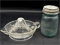 Glass Juicer and Blue Glass Ball Jar 5.5”