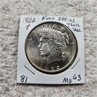 1922P Peace Dollar Full Strike MS63