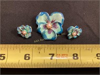 Hobé enameled metal pansy pin & clip earrings set