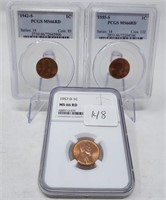 1942-S, ’55-S, ’57-D Cents PCGS/NGC MS 66 RD