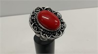 German Silver Red Coral Ring Size 6