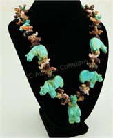 Turquoise Bear Fetish Necklace. Coral Agate