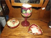 2 Victorian Painted Red Currant Dishes & Hp Tall C