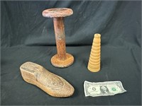 Antique Wood Textile  Spools & Shoe Form