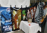 Lot of 5 racing flags and tin