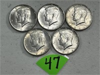 (5) 1964 Kennedy Silver Half Dollars