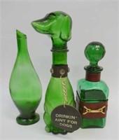 Retro green glass dog decanter with