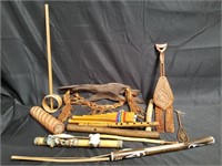 Group of wood items, tribal items, instruments,
