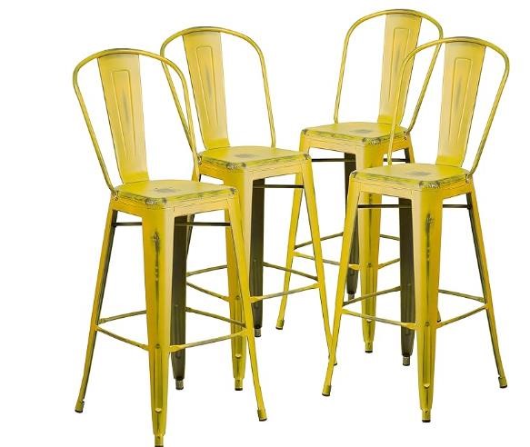 Distressed Yellow Metal Barstool with Back (4)