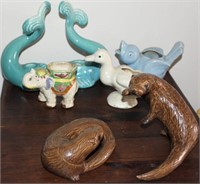 shelf lot ceramic figurines & cast iron squirrel