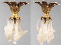 Gilt Metal & Glass Acanthus Leaf Ceiling Lights,Pr