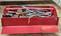 T&D METAL TOOL BOX AND CONTENTS, WRENCHES, MISC