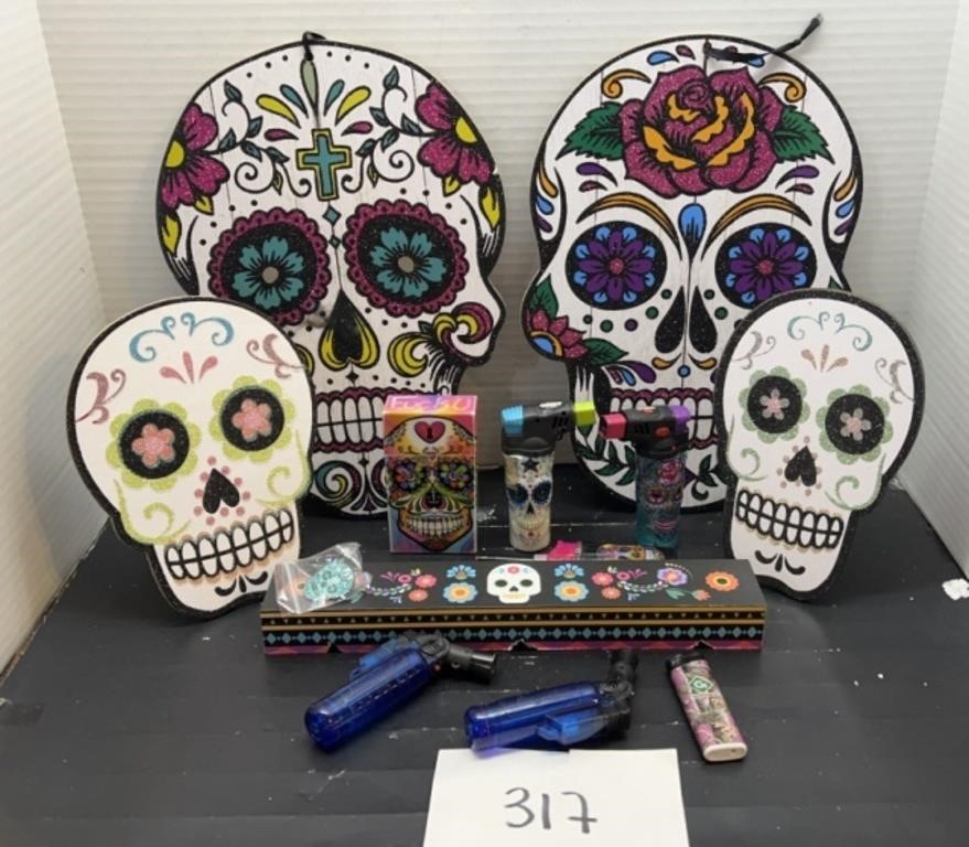 Sugar skull lot; wall art; torches & more