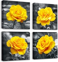 4 Piece Canvas Wall Art Yellow Rose Flowers