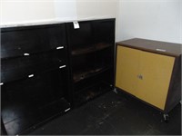 2 metal book cases and metal cabinet on wheels