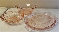 Pink Depression glass bowl, platter, footed bowl