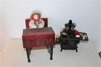 Small Vintage Doll Desk with Doll, Toy Iron Stove