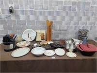 Corning ware, knives, spice rack, vintage dishes