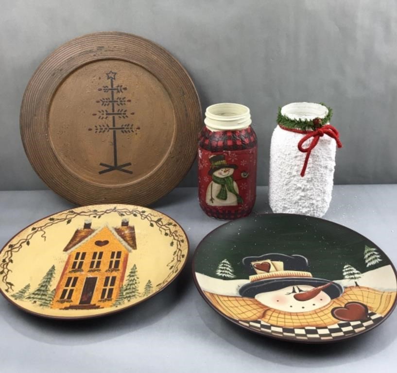 Christmas plates and decorated jars