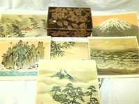 5 Japanese Water Colors & Pyrography Wood Box
