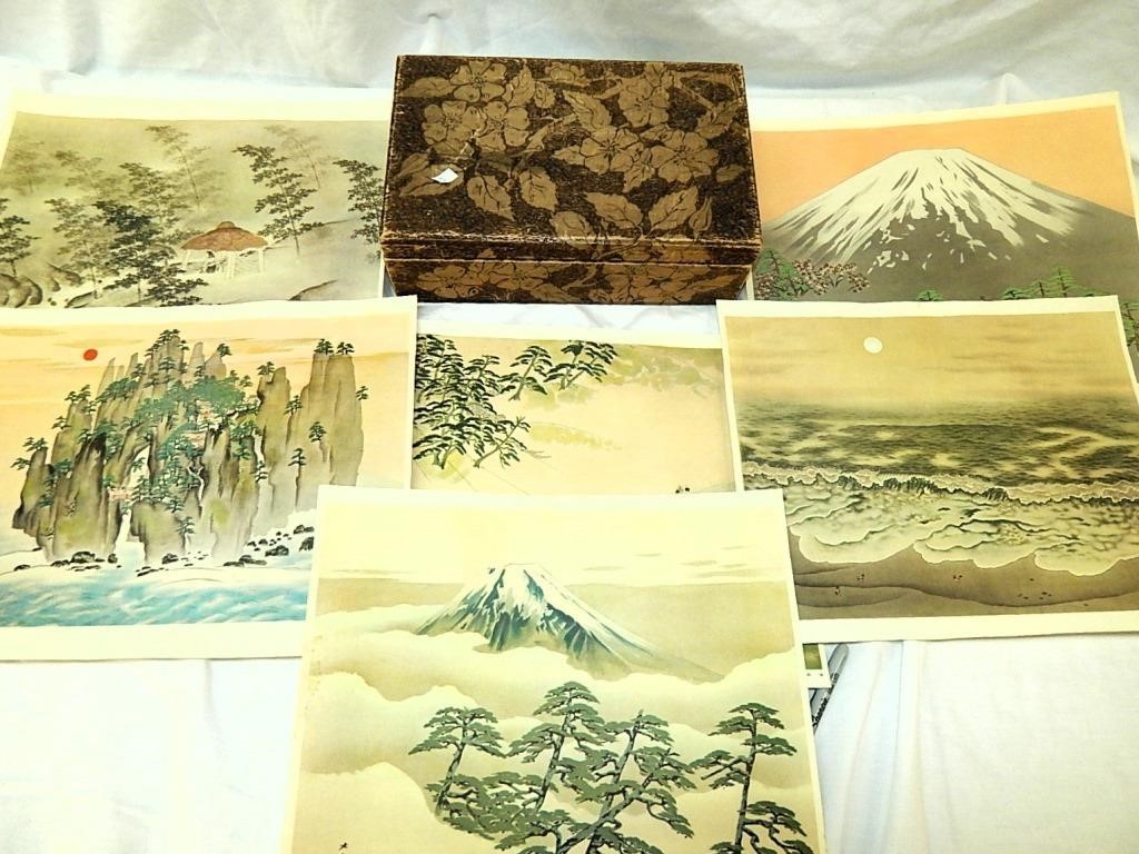 5 Japanese Water Colors & Pyrography Wood Box