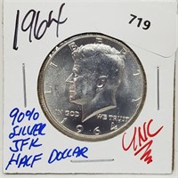 1964 UNC 90% Silver JFK Half $1 Dollar