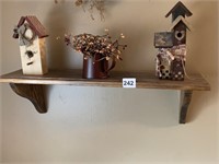 WALL SHELF W/ WOOD BIRD HOUSES AND TIN PITCHER