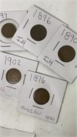 5 assorted Indian head pennies