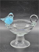 Glass Decor w/ Blue Bird on 5in Glass Footed Dish