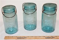 LOT - 3 BLUE QUART BALL JARS W/ GLASS LIDS